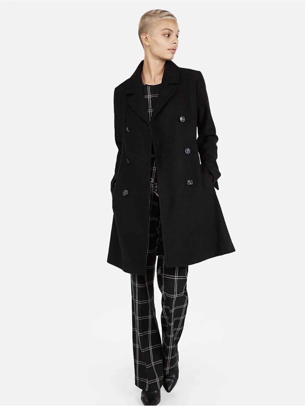 EXPRESS $228 BLACK DOUBLE BREASTED BELTED WOOL BLEND TRENCH COAT SZ L LARGE
